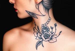 Black and white profile of woman with chin pressed on hand, hate with lace covering her eyes, pearl necklace in her mouth with red lips flowers around her with one red rose standing out tattoo idea