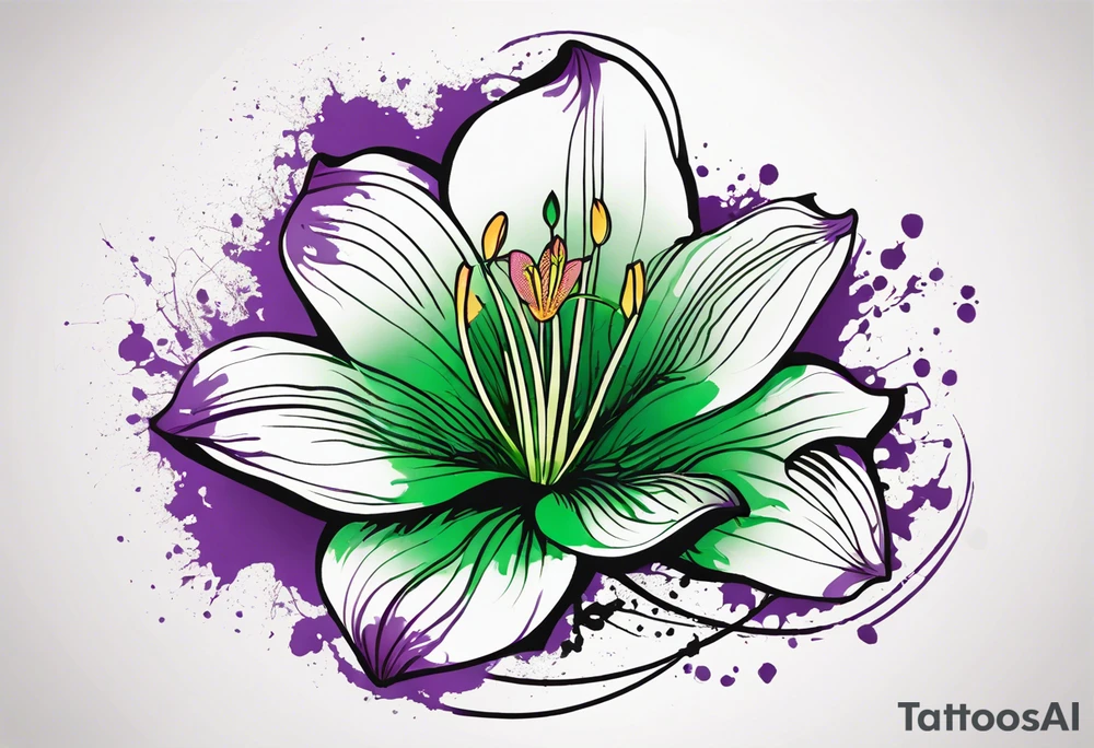 An outline of a rio dipladenia flower with a splatter green and purple behind it tattoo idea