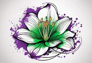 An outline of a rio dipladenia flower with a splatter green and purple behind it tattoo idea
