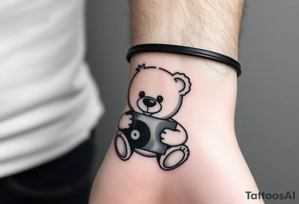 minimalist teddy bear smiling and holding a vinyl record tattoo idea