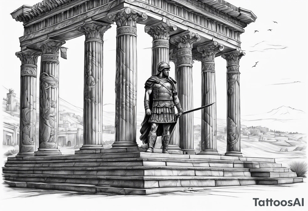 Roman solider looknig at pillars in the distance tattoo idea