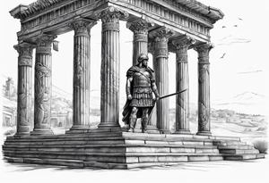 Roman solider looknig at pillars in the distance tattoo idea