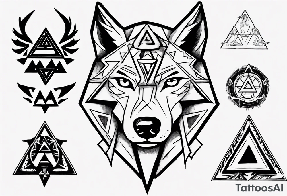 wolf head with triforce on forehead and a triangle in the background tattoo idea