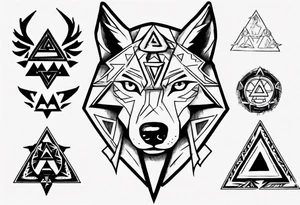 wolf head with triforce on forehead and a triangle in the background tattoo idea