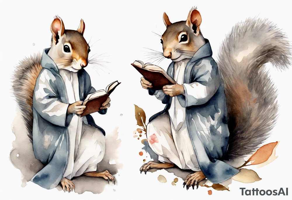 a grey squirrel dressed in a tunic holding a closed book closed tattoo idea