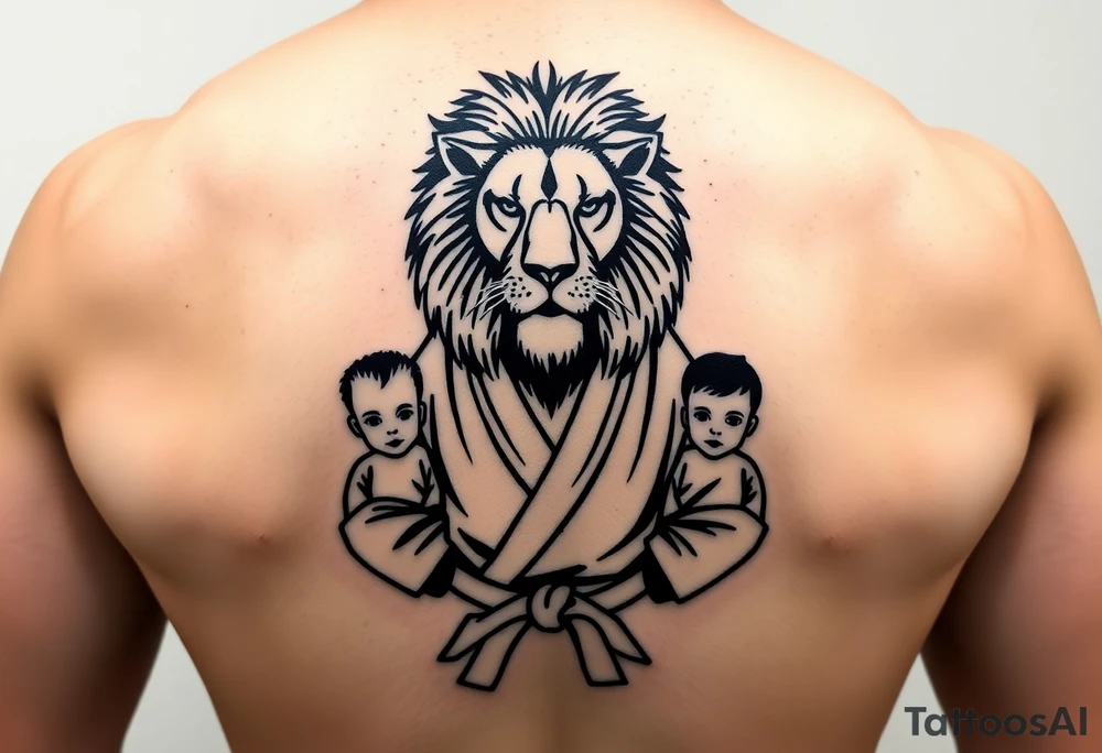 Lion wearing a Brazilian jiu jitsu gi as a person would along side his two sons. The surrounding area is the sarenghetti tattoo idea