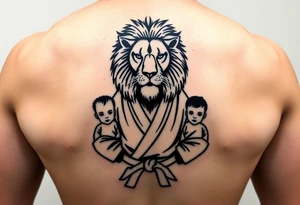 Lion wearing a Brazilian jiu jitsu gi as a person would along side his two sons. The surrounding area is the sarenghetti tattoo idea