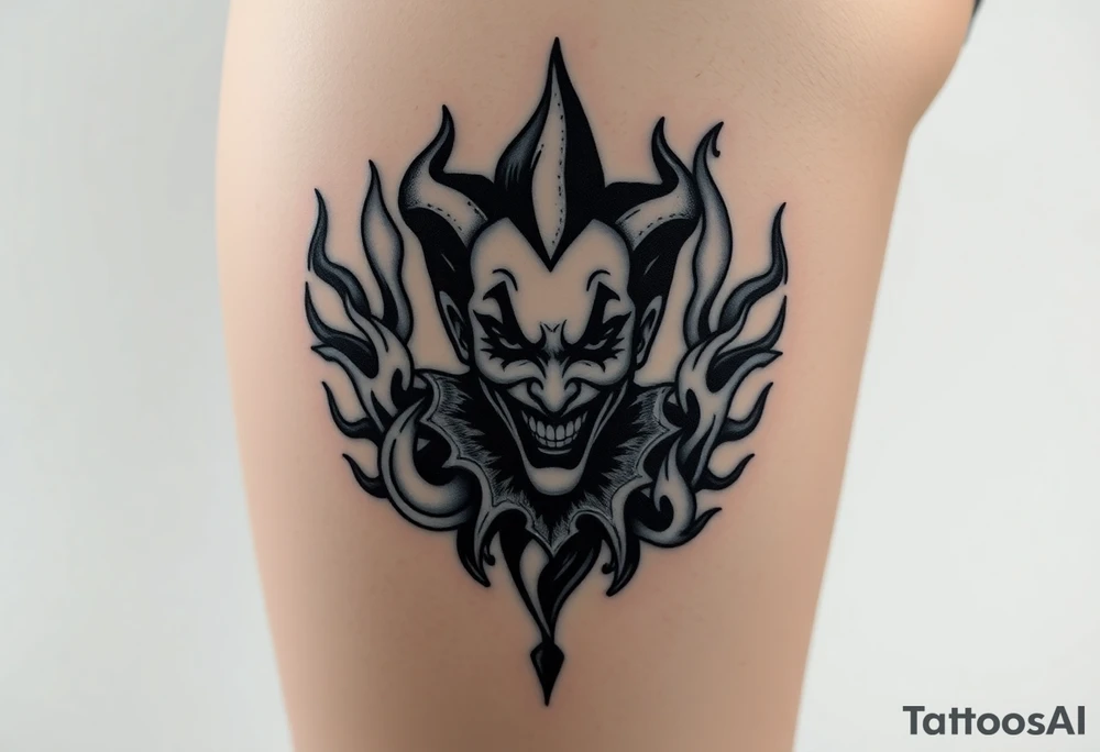 Powerful new age joker surrounded by flames tattoo idea