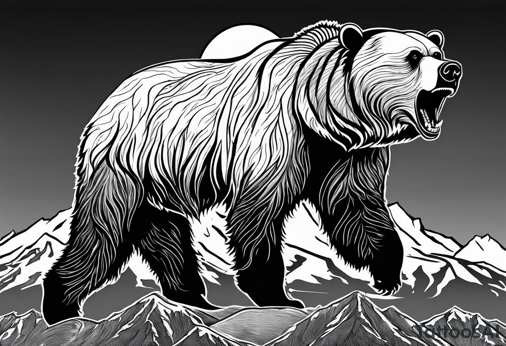 Grizzly bear line with grand Teton mountain tattoo idea