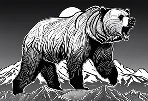 Grizzly bear line with grand Teton mountain tattoo idea