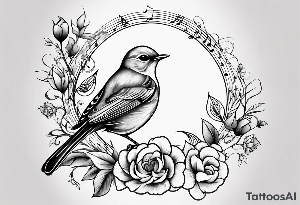 Design a small, elegant tattoo of a nightingale in a gentle pose, surrounded by soft musical notes or floral elements tattoo idea