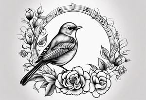 Design a small, elegant tattoo of a nightingale in a gentle pose, surrounded by soft musical notes or floral elements tattoo idea