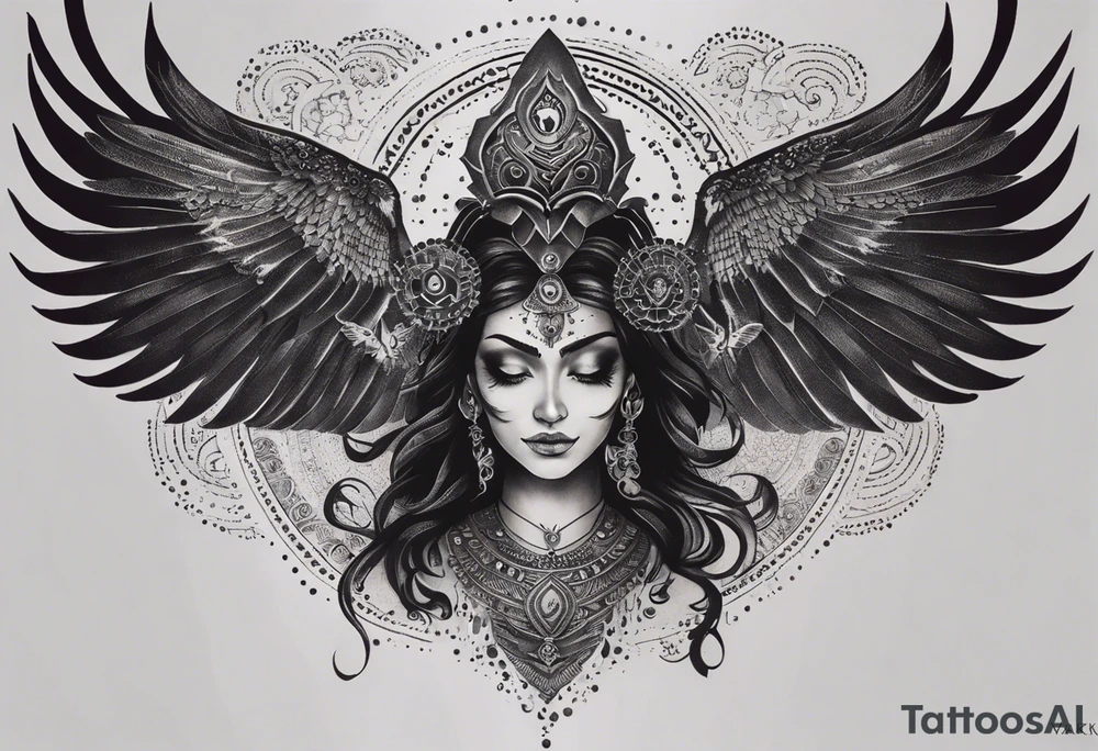 black kali, goddess pirate, alien, angel, pachamama, valkrye, warrior, flying, skull, lotus azul, wing, eagle, zenza resonance, stars, 5D, anahata chakra, death, durga, riding on a tiger, flying lady, chest tatoo tattoo idea
