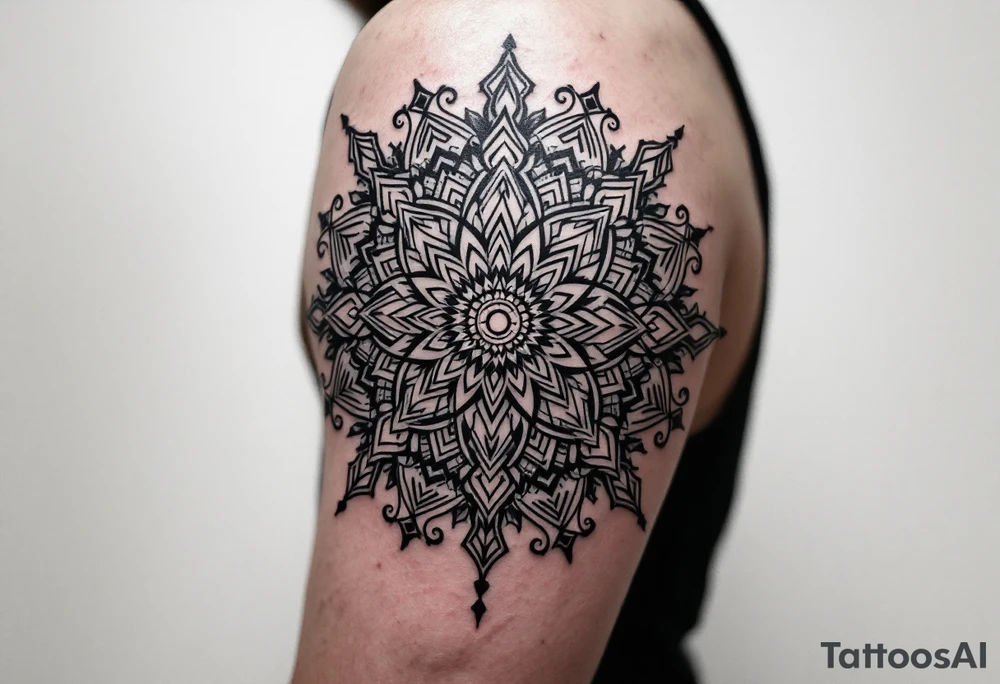 An intricate mandala with akarma symbol in the center tattoo idea