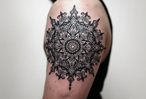 An intricate mandala with akarma symbol in the center tattoo idea