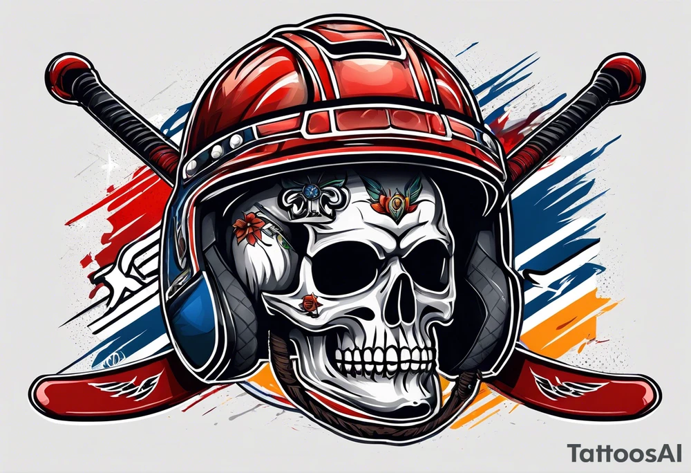 hockey helmet skull with stick and puck tattoo idea