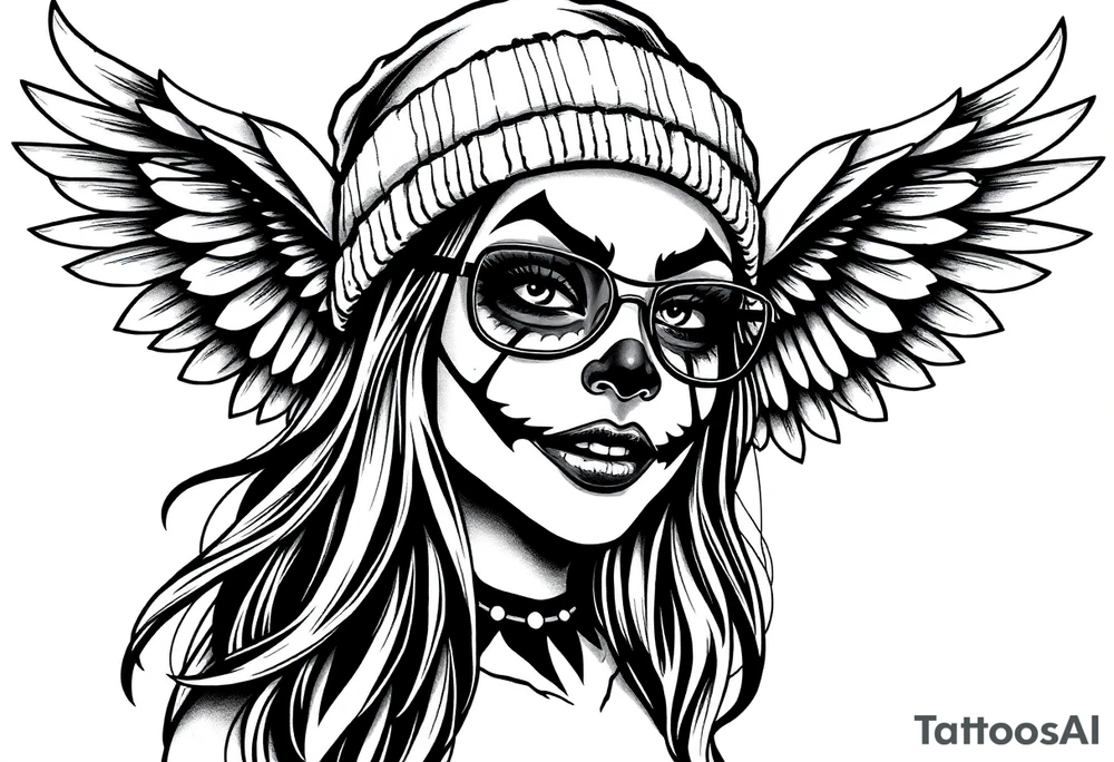 Chicana beautiful long hair clown makeup angel wings thug beanie eyeglasses tattoo idea