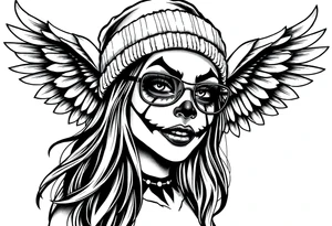 Chicana beautiful long hair clown makeup angel wings thug beanie eyeglasses tattoo idea