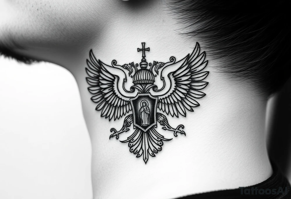 russian coat of arms double headed eagle traditional christian orthodox cross with a virgin mary stood in the entrance of a russian orthodox dome church on the side of the neck in a wilderness setting tattoo idea
