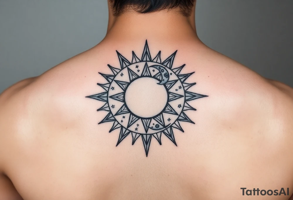 celestial sun and moon embrace with constellation patterns tattoo idea