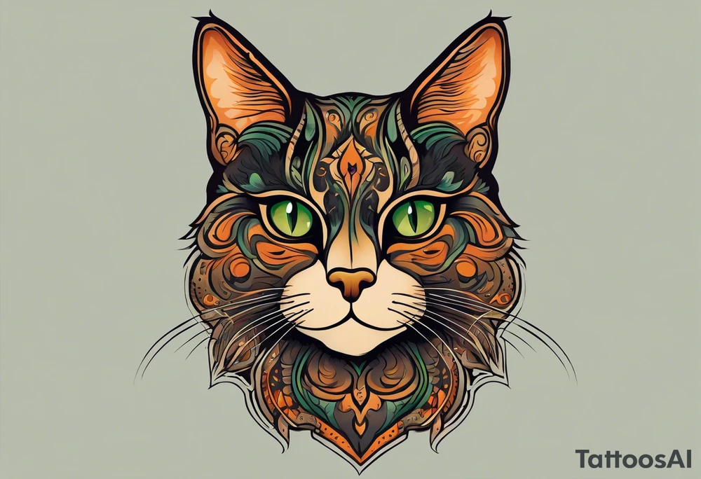 A detailed tattoo design of a tortoiseshell cat, emphasizing its distinct black, orange, and brown fur patterns in a stylized, illustrative manner. The cat's face is turned slightly upwards, with piercing green eyes that are accentuated for a bold, captivating look. Fine details such as the delicate whiskers, sharp ears, and subtle fur texture are highlighted. The background is minimal, perhaps incorporating abstract geometric shapes or soft shading to keep the focus on the cat's striking features. The overall design should be bold yet elegant, with clean lines and intricate shading that brings the cat to life in a timeless, artistic tattoo style tattoo idea