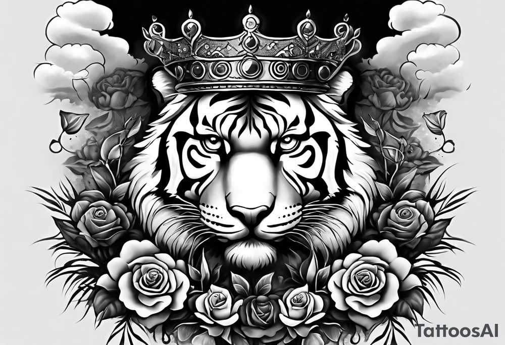 A full sleeve tiger with a crown and third eye with a hour glass instead the hour glass brain cover in in clouds and a heart cover in grass and roots with roses and smoke all over the arm tattoo idea