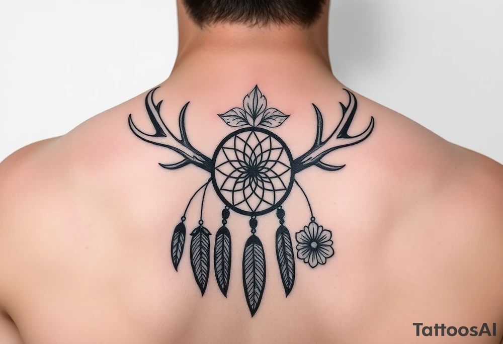 Deer antlers with dreamcatcher and Flower tattoo idea