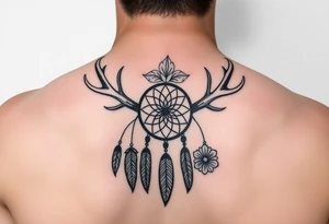 Deer antlers with dreamcatcher and Flower tattoo idea
