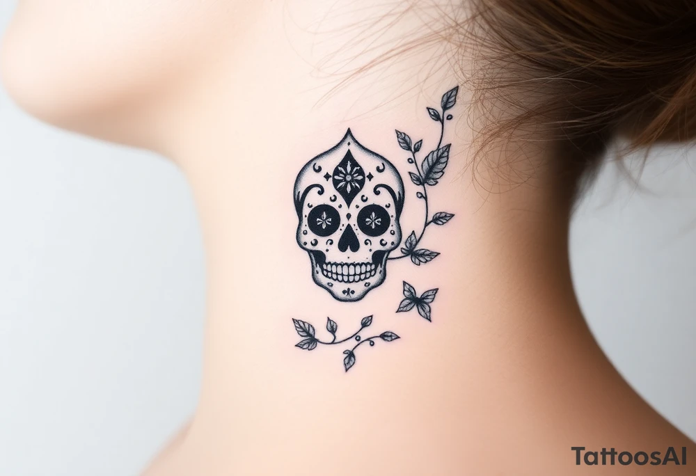 Q of spades sugar skull surrounded by ivy tattoo idea