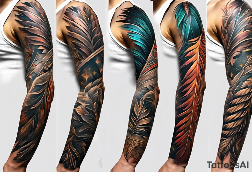 The tattoo begins on the left arm, at the elbow, where feathers are flying under the action of the wind towards the left hand. These feathers share the air space with branches that have leaves, and both elements move together up the left arm. As they approach the shoulder, some lightning appears between them. At this point, the feathers start to converge toward the left chest, where a vortex of energy reveals the head of an owl. The branches converge toward the left side of the back, passing over the shoulder. On the left side of the back, there is a dense, psychedelic element representing the energy of life's creation, with references to the earth, element, and planet. There is also a clay house in this area. tattoo idea