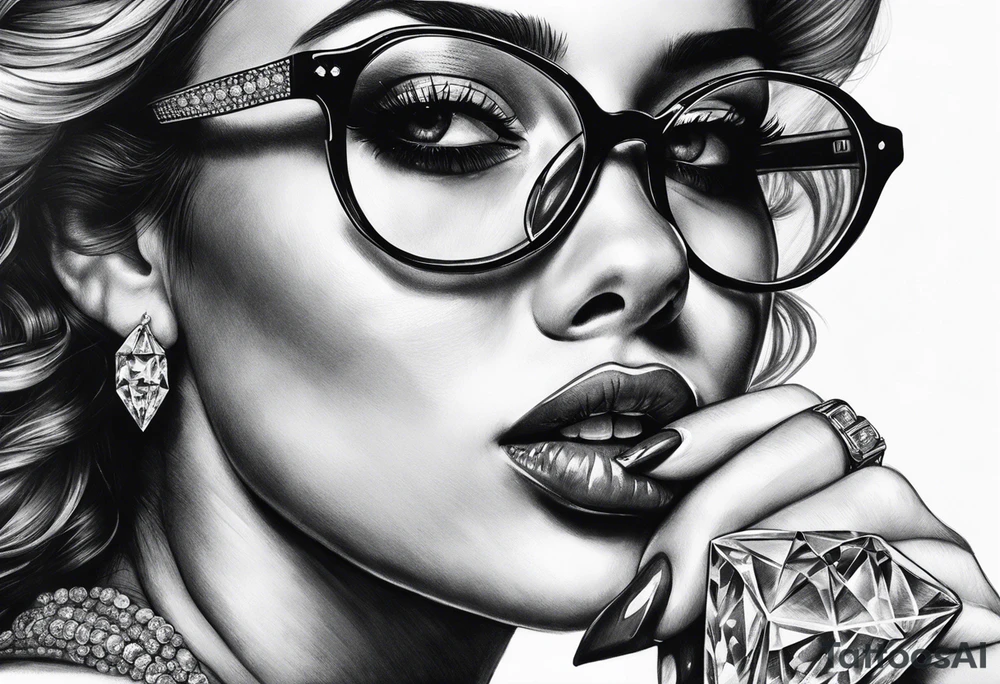 Woman with glasses biting diamonds add more diamonds tattoo idea