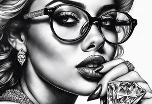 Woman with glasses biting diamonds add more diamonds tattoo idea