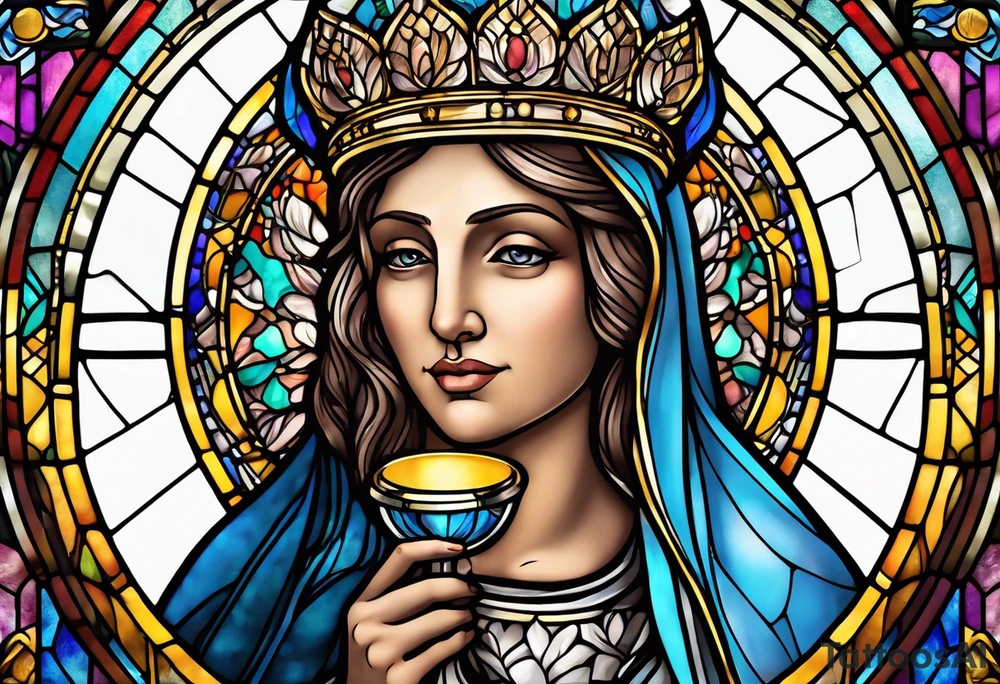 holy saint woman with halo stained glass holding a chalice tattoo idea