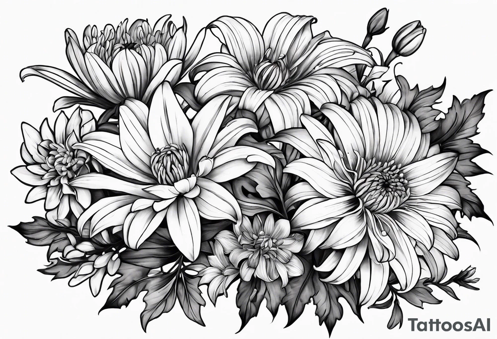 Asters, lillies, and chrysanthemums in a long line tattoo idea