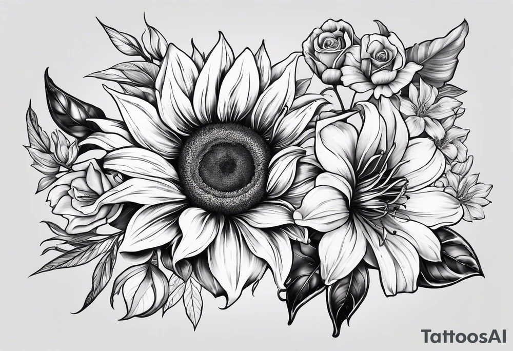 Sunflower, Rose and Lily tattoo idea