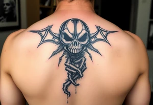 Full sleeve on leg of Halloween inspired art work tattoo idea