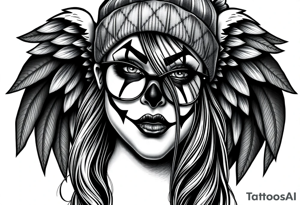Chicana BBL fat sexy chunky plus size beautiful long hair clown makeup angel wings thug beanie eyeglasses tattoo idea