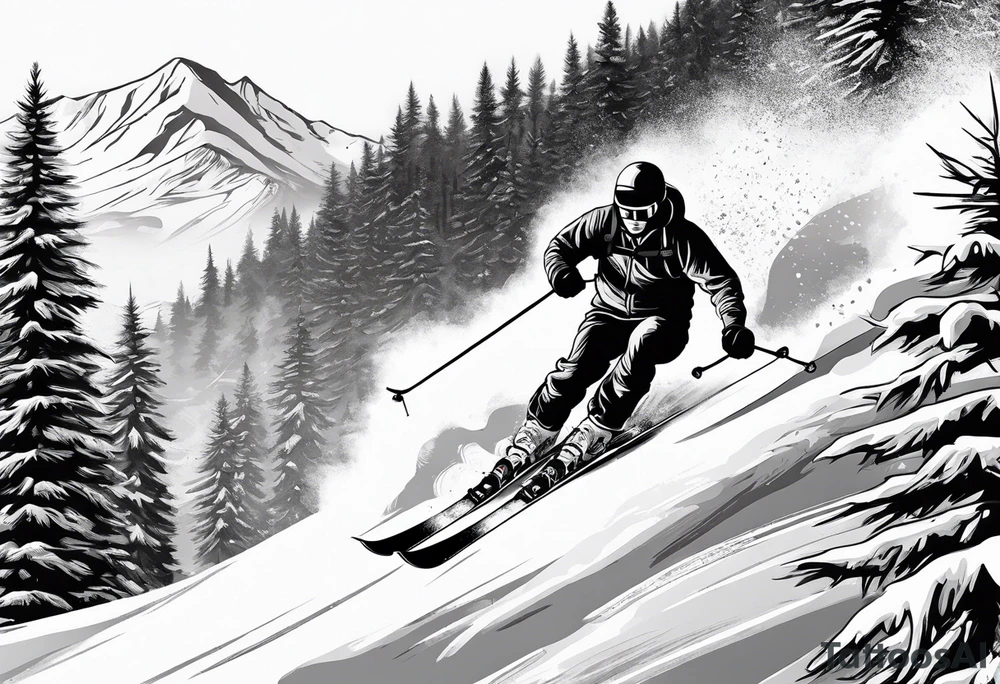 snow skier coming down mountain with large trees tattoo idea