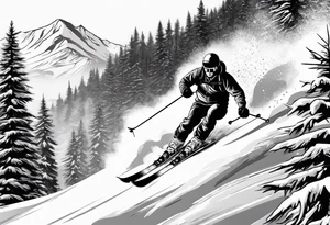 snow skier coming down mountain with large trees tattoo idea