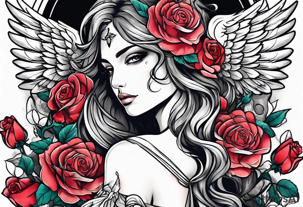 Beautiful woman angle with wings standing surrounded by roses tattoo idea