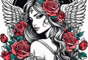 Beautiful woman angle with wings standing surrounded by roses tattoo idea