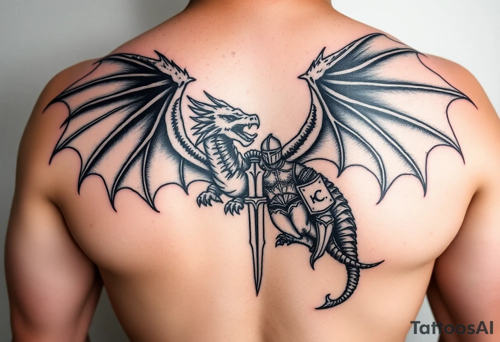Powerful winged dragon fighting a knight tattoo idea