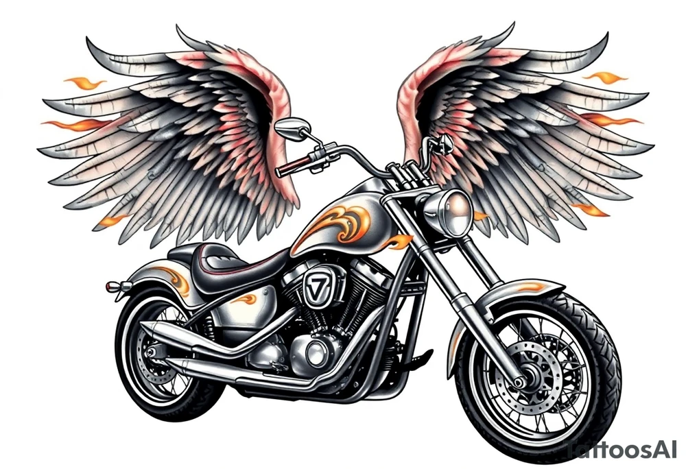 Low rider grey motorcycle, flames, angel wings tattoo idea