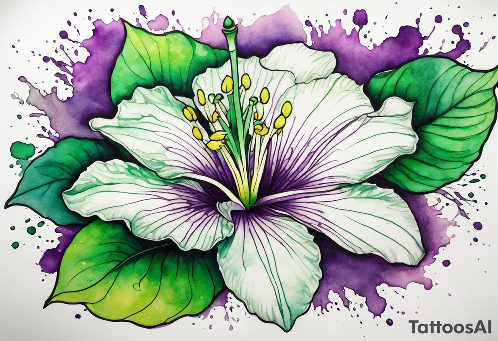 An outline of an only green rio dipladenia flower and a green and purple watercolor splash in the background tattoo idea