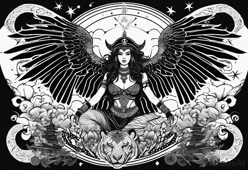 black kali, goddess pirate, alien, angel, pachamama, valkrye, warrior, flying, skull, lotus azul, wing, eagle, zenza resonance, stars, 5D, anahata chakra, death, durga, riding on a tiger, flying lady tattoo idea