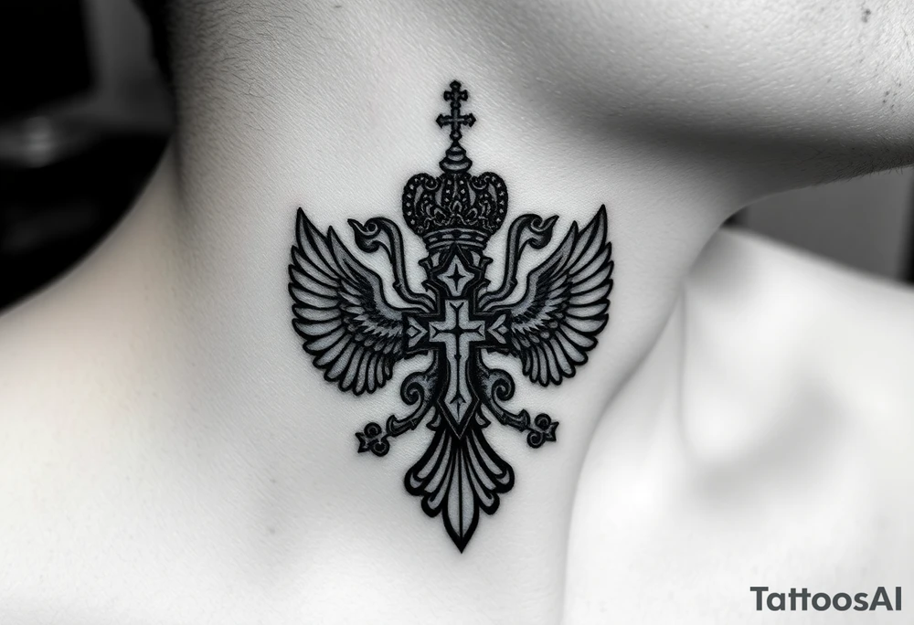 russian coat arms in a russian christian orthodox cross with the cross in the middle with a virgin mary & orthodox dome church on the side of the neck tattoo idea