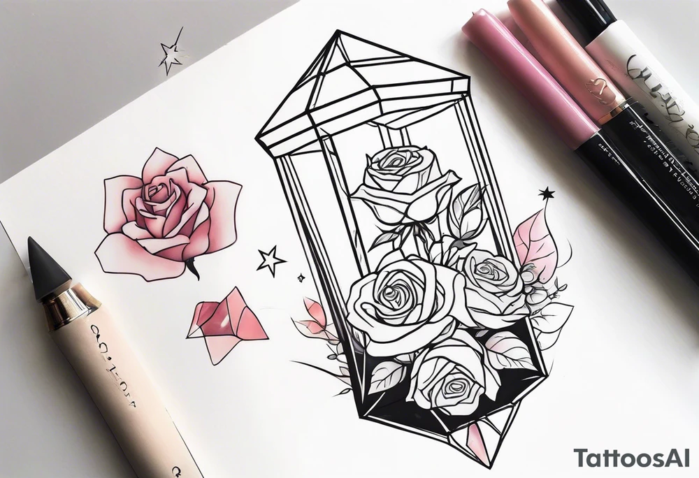 Tall soft Tesseract with roses and stars on the top and bottom tattoo idea