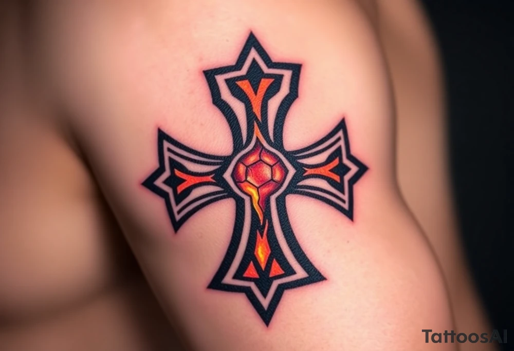 A cracked obsidian Maltese cross with lava glowing through the fractures, symbolizing power and transformation tattoo idea