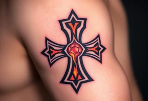 A cracked obsidian Maltese cross with lava glowing through the fractures, symbolizing power and transformation tattoo idea