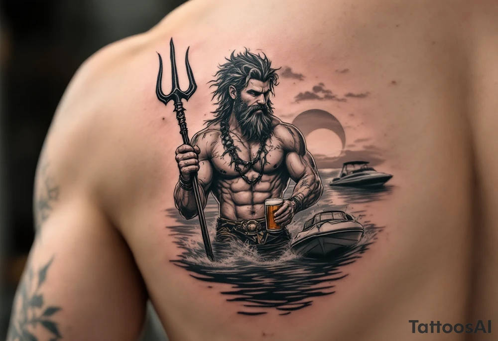 young, happy, fit, short hair, poseidon in calm water, holding a trident, drinking a beer, with sunset, with ski boat tattoo idea